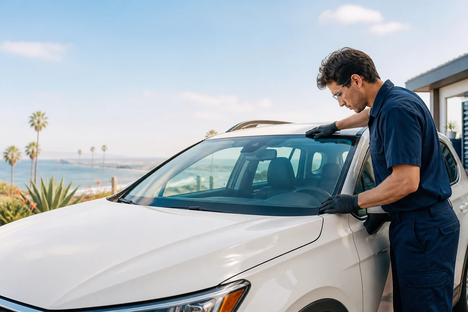 Auto glass technician inspecting a windshield near the Santa Monica coast